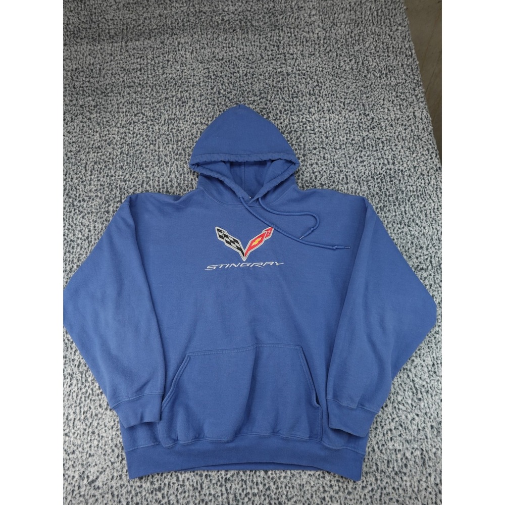 Gildan Hoodie Mens‎ 2XL Blue Corvette Stingray Embroidered Pullover Sweatshirt